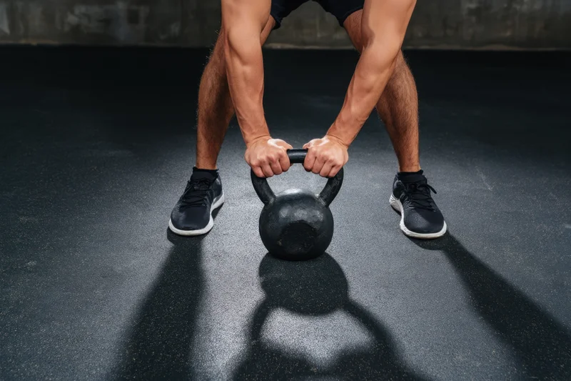 Man bending over to grip a kettlebell on a dark gym floor