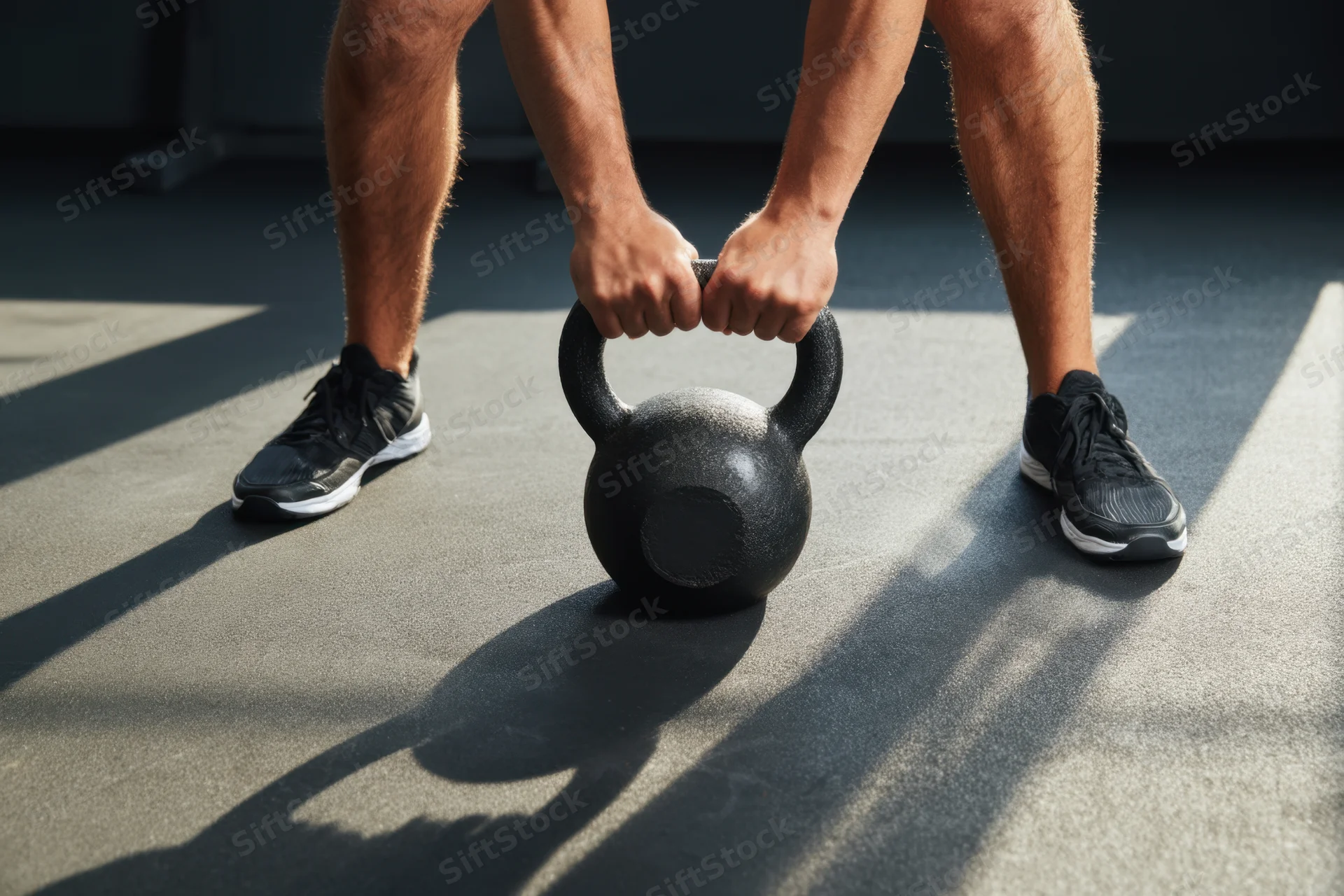 Man gripping kettlebell in low stance on gym floor