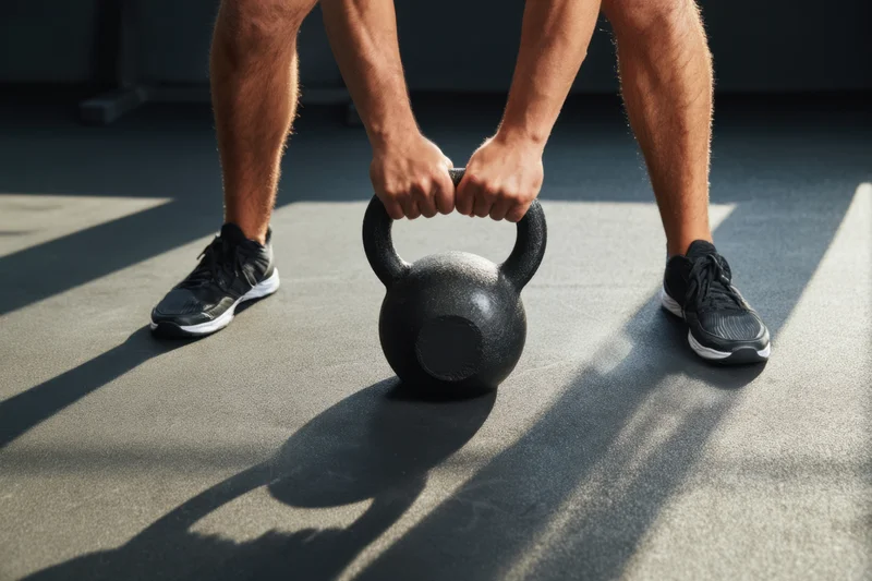 Man gripping kettlebell in low stance on gym floor