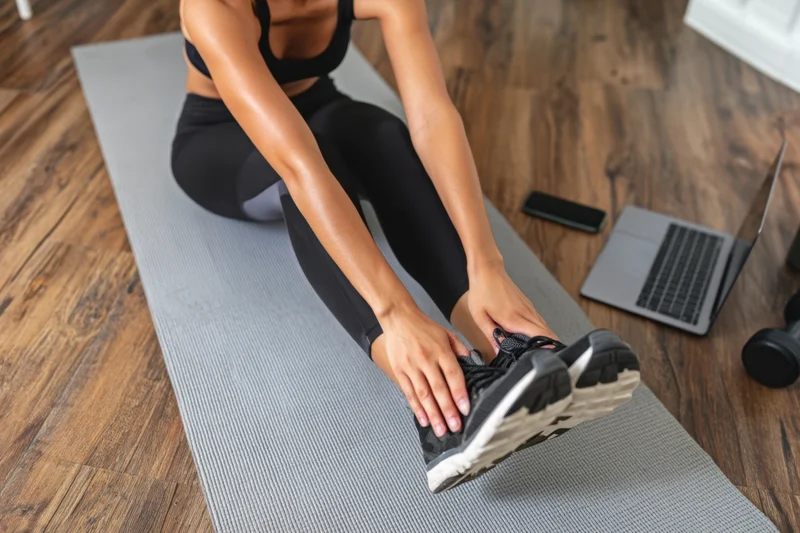 Woman stretching on yoga mat at home with laptop and phone nearby