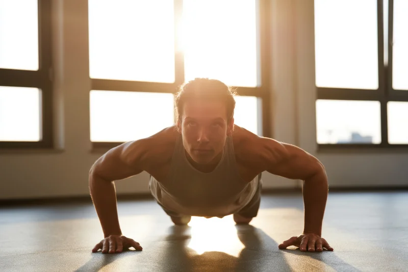 Man doing pushup on gym floor with sunlight through windows