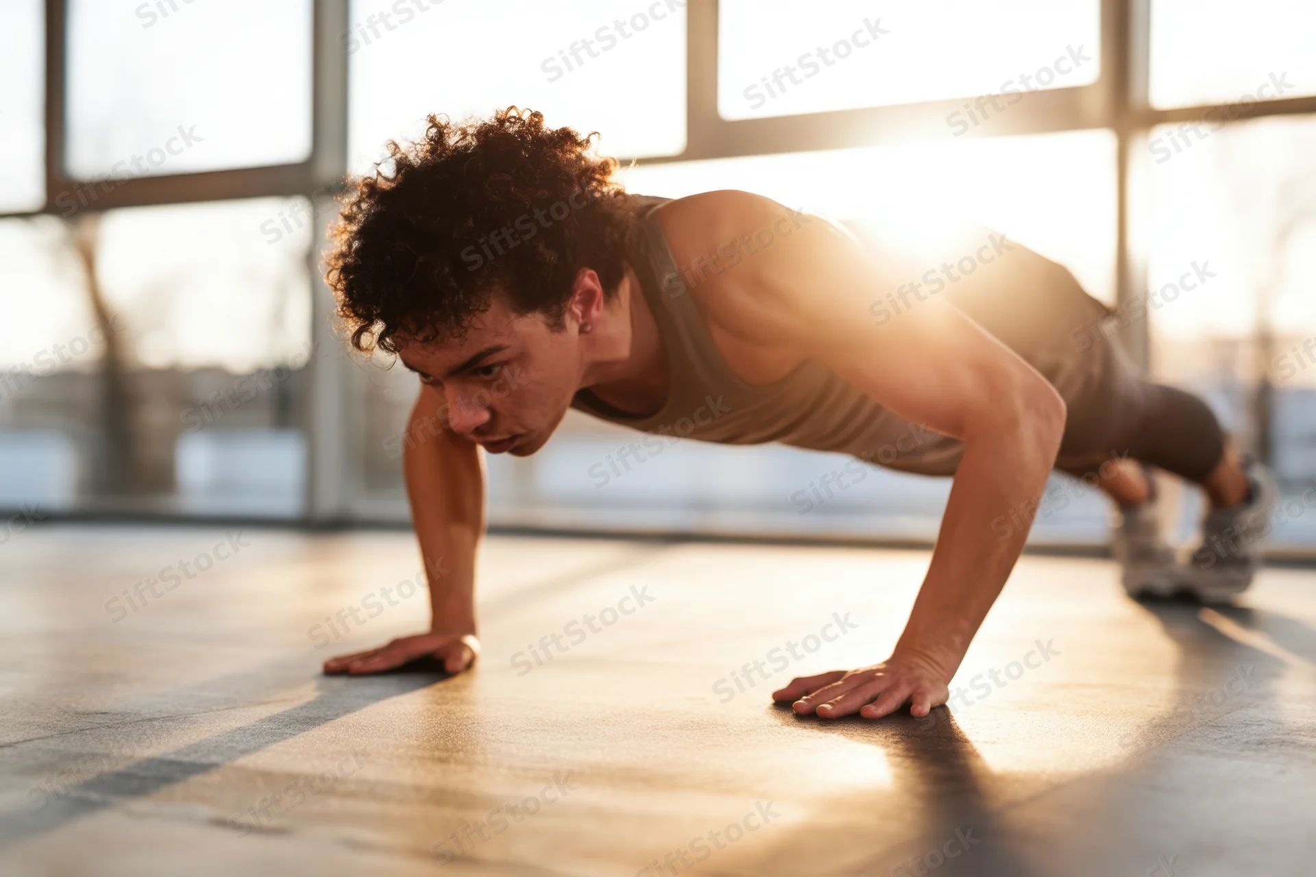 Man doing pushup on gym floor with sunlight streaming through windows