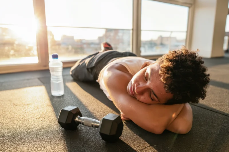 Woman resting on gym floor beside dumbbell and water bottle after workout