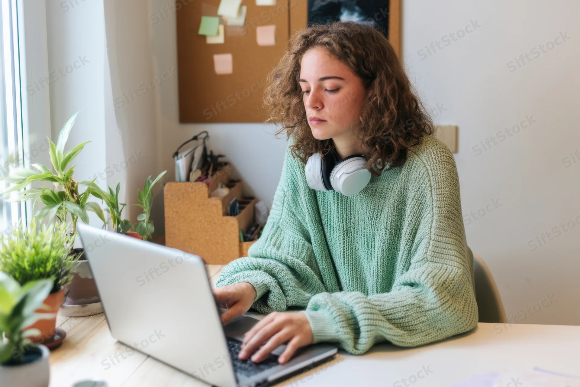 Woman typing on laptop at home office desk with plants and corkboard nearby