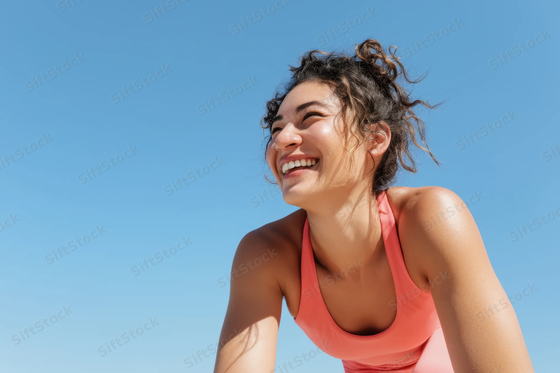 Woman smiling in coral athletic wear outdoors under clear blue sky