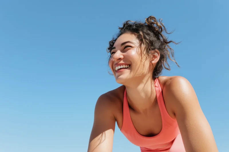 Woman smiling in coral athletic wear outdoors under clear blue sky