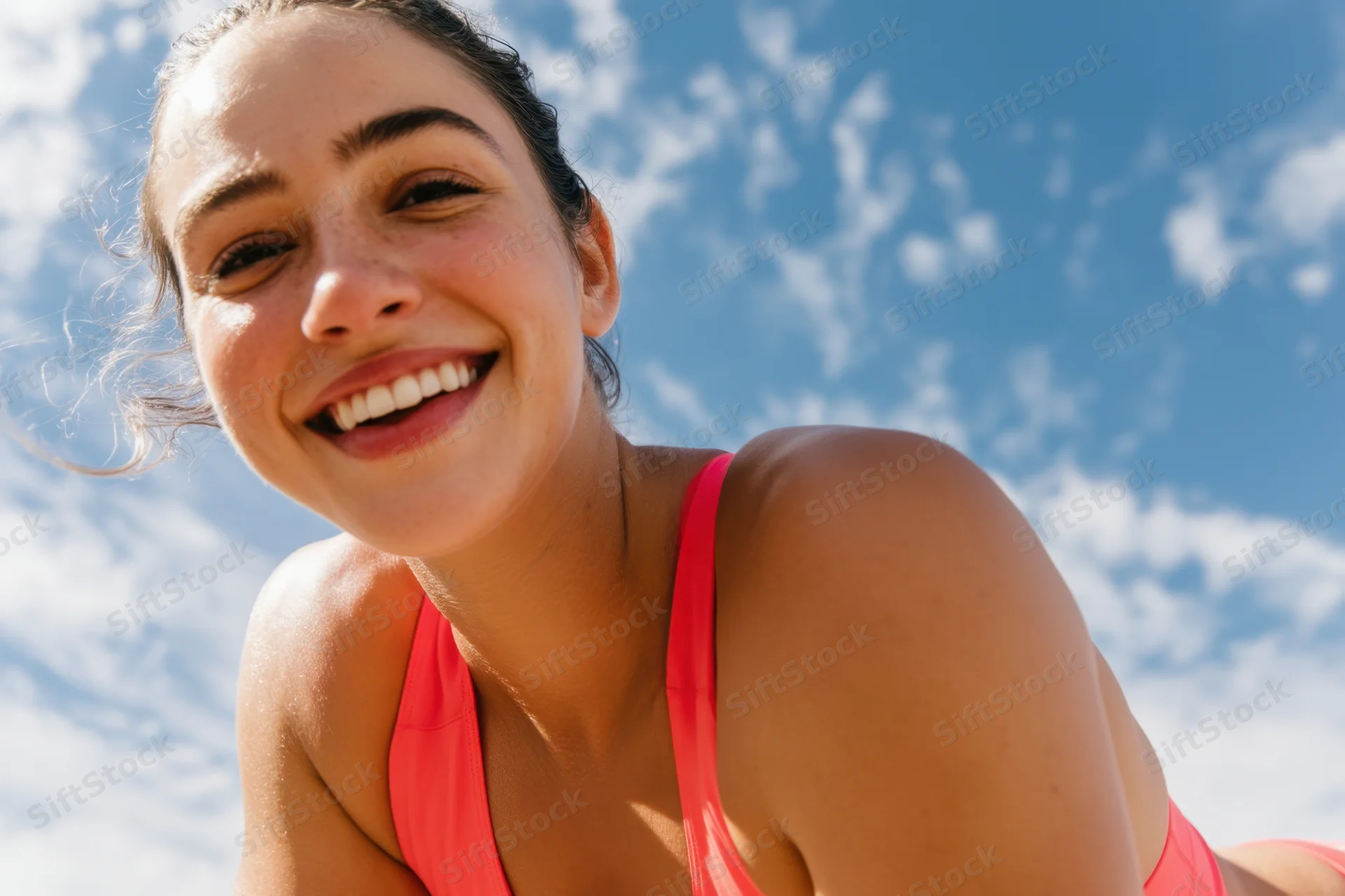 Woman smiling in coral athletic wear leaning forward outdoors under blue sky