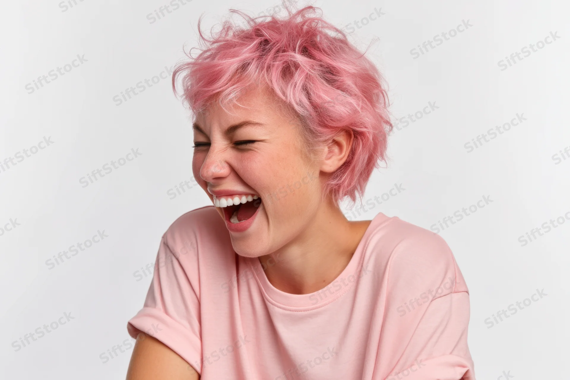 Woman with short messy pink hair laughing in a light pink t-shirt against white background