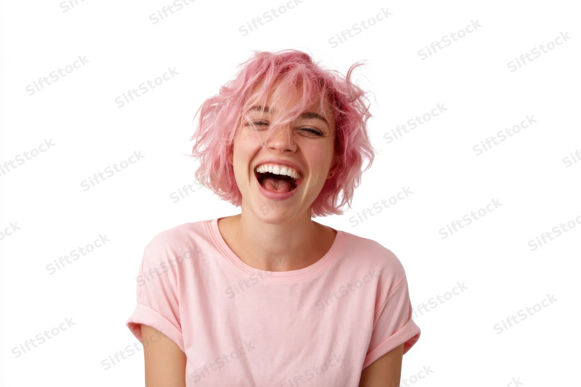 Woman with short messy pink hair laughing joyfully in a light pink t-shirt against white background