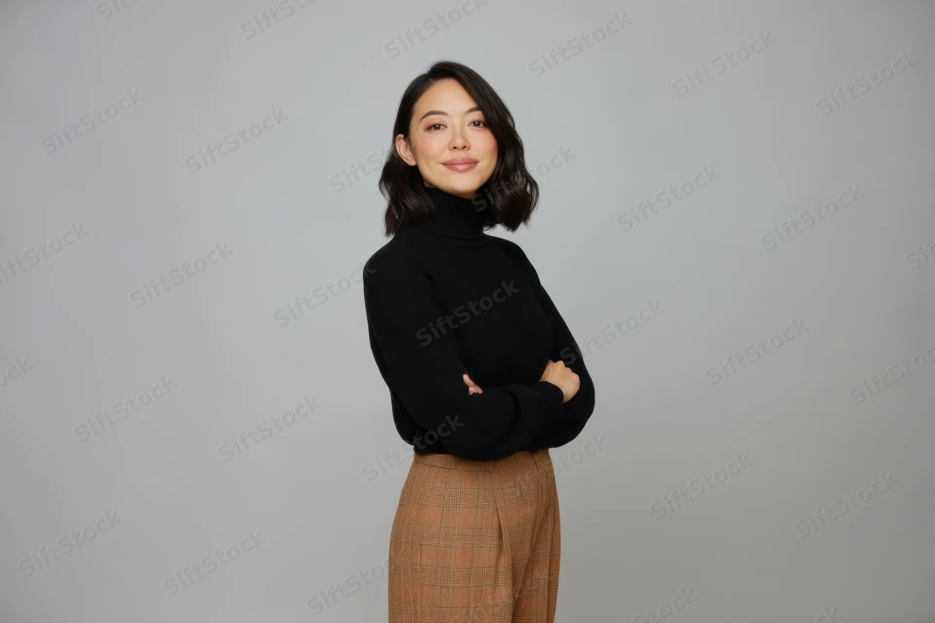 Asian woman standing with arms crossed in black turtleneck and plaid skirt against gray background