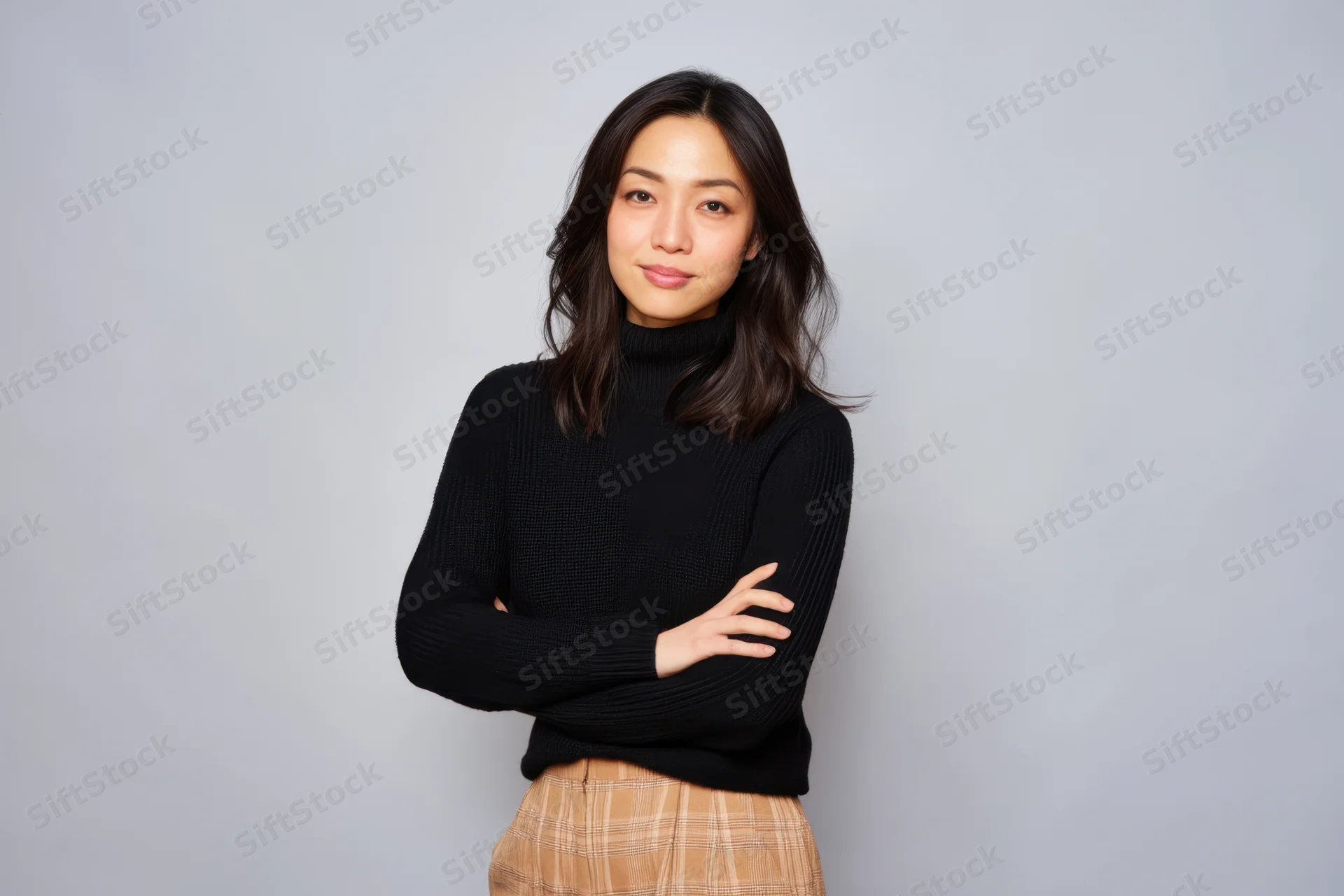 Asian woman posing with arms crossed in black turtleneck sweater and plaid skirt against gray studio background