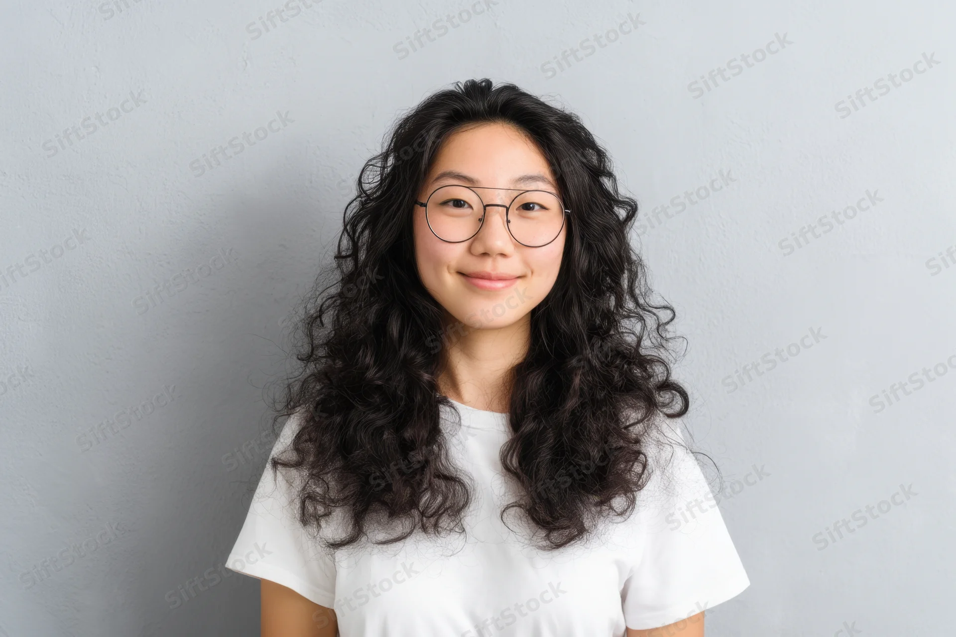Young asian woman with curly black hair and round glasses smiling in front of gray wall wearing white tshirt