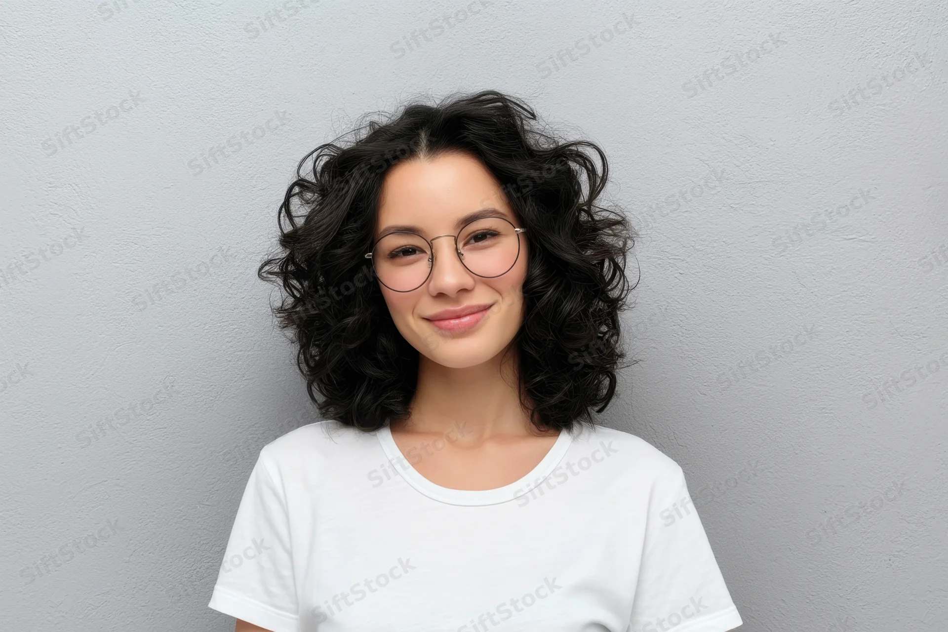 Young woman with curly black hair and round glasses smiling in a white tshirt against a gray wall