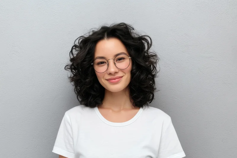 Young woman with curly black hair and round glasses smiling in a white tshirt against a gray wall