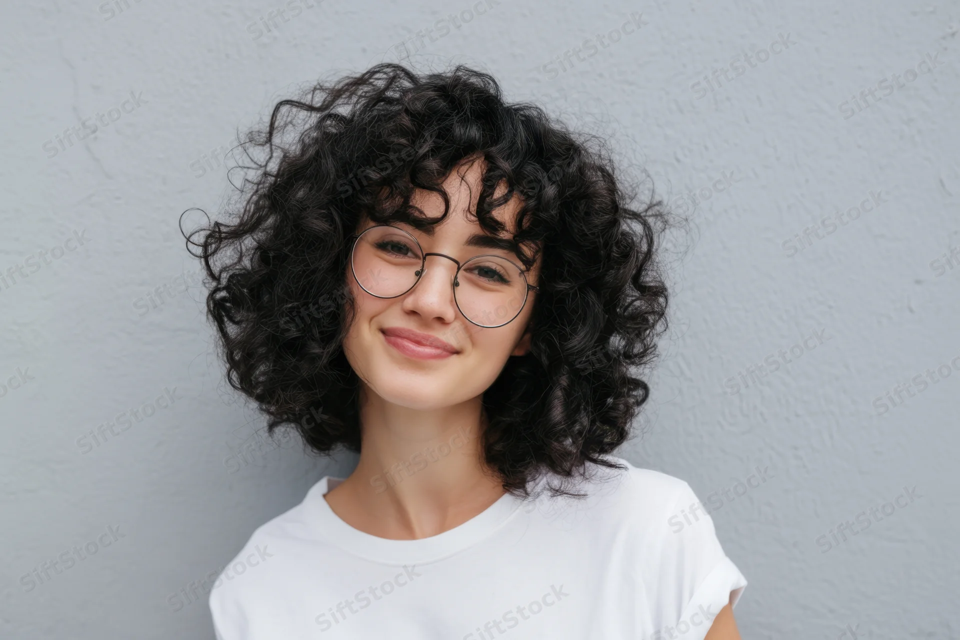 Young woman with curly black hair and round glasses smiling in a white tshirt against a gray wall