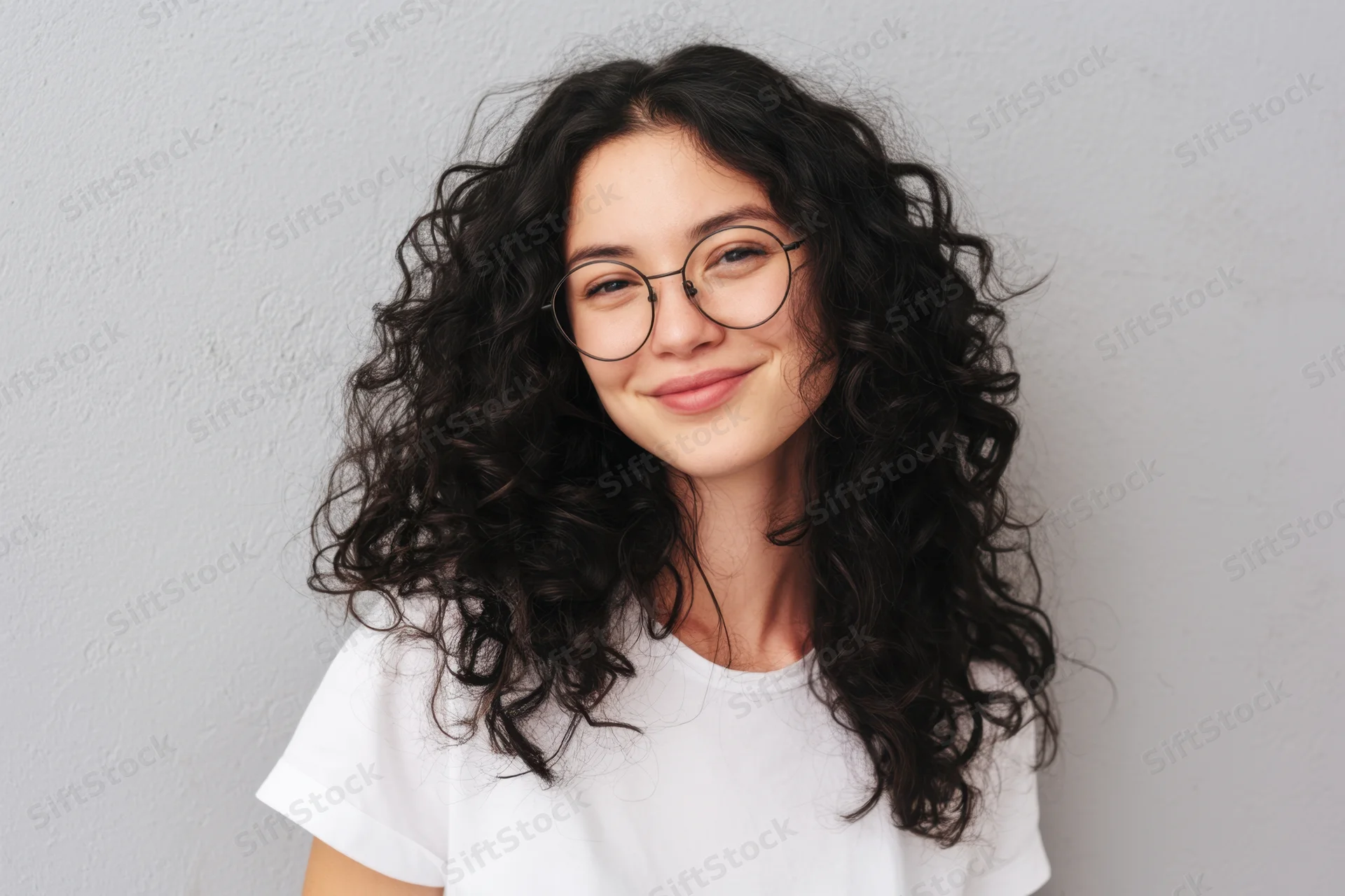 Young woman with curly black hair and round glasses smiling in a studio portrait against a light gray background wearing a white tshirt