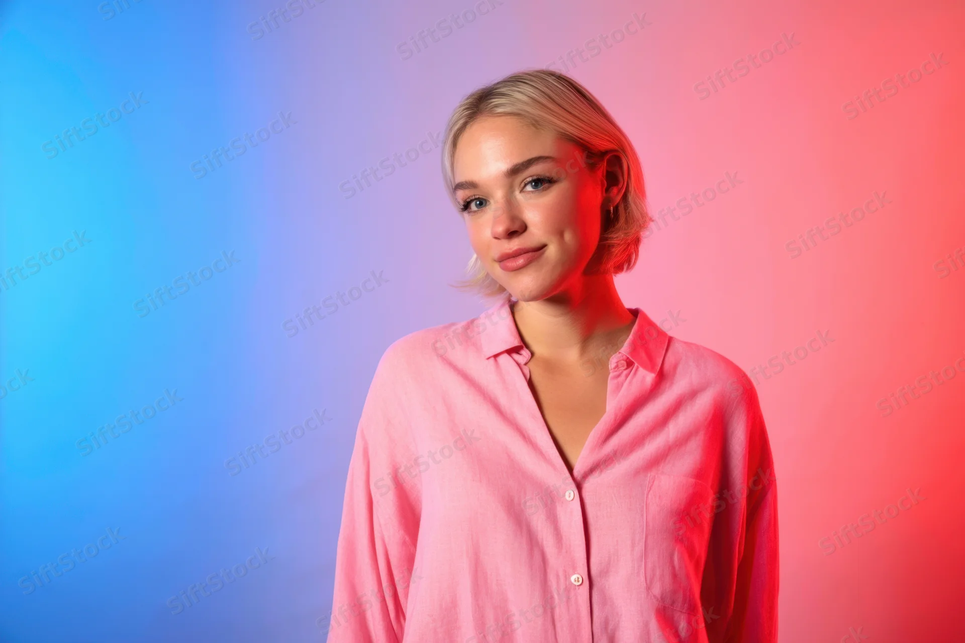 Young woman with short blonde hair in pink shirt posing against blue and pink gradient background