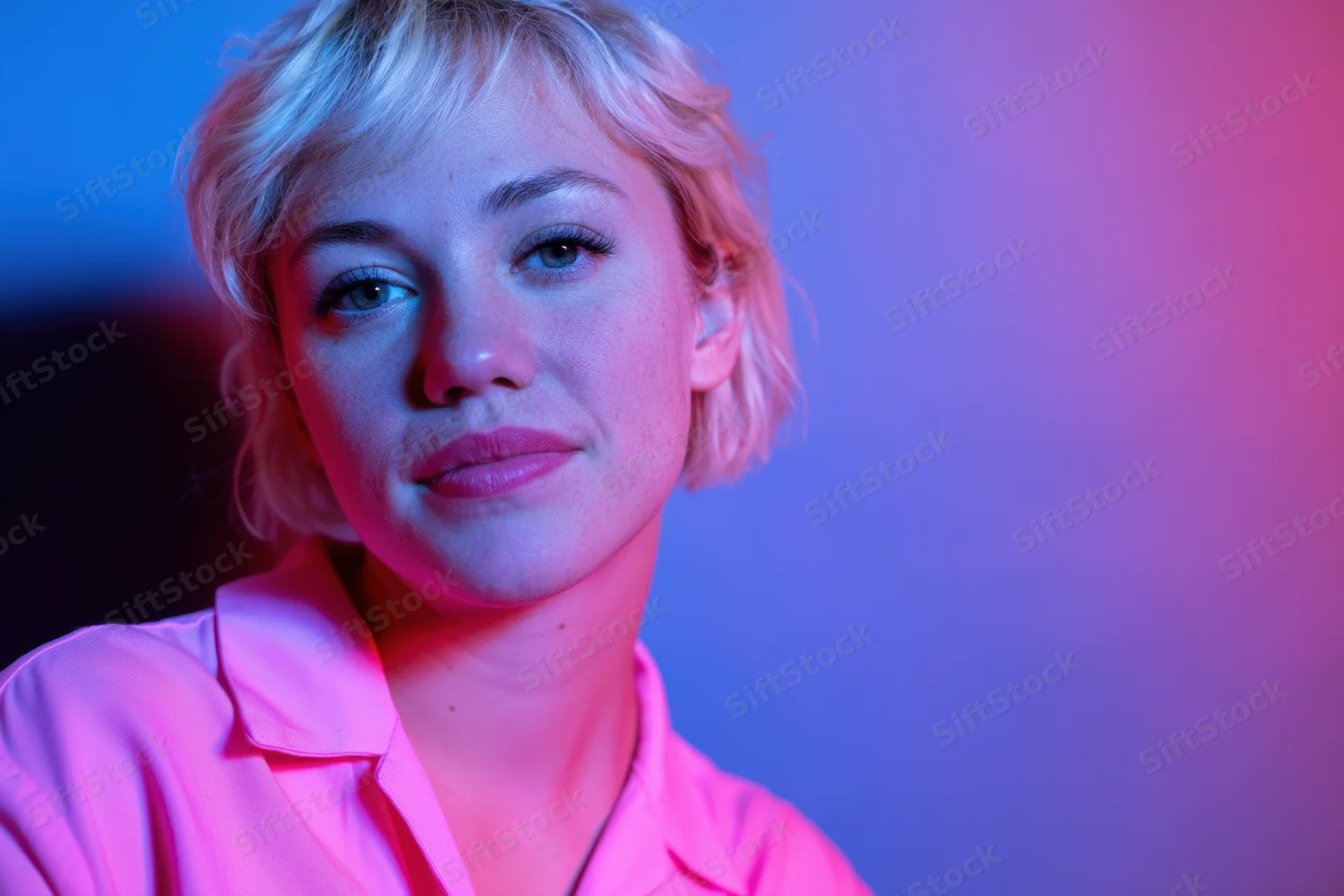 Young woman with short blonde hair in a pink collared shirt under blue and pink neon lighting in a studio setting