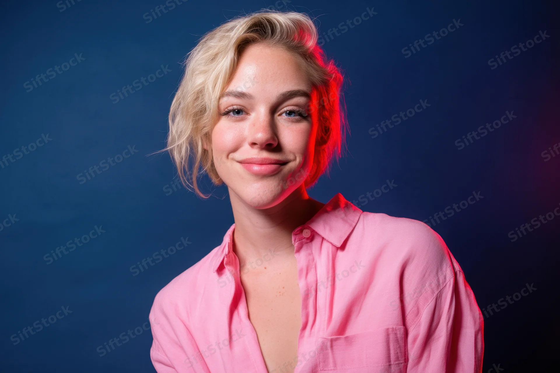 Young woman with short blonde hair smiling in a pink shirt against a blue studio background with red neon glow