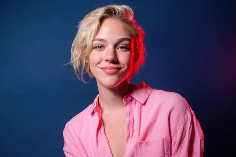 Young woman with short blonde hair smiling in a pink shirt against a blue studio background with red neon glow