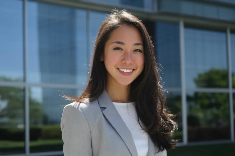 Smiling asian woman in gray suit standing outdoors in front of modern glass office building