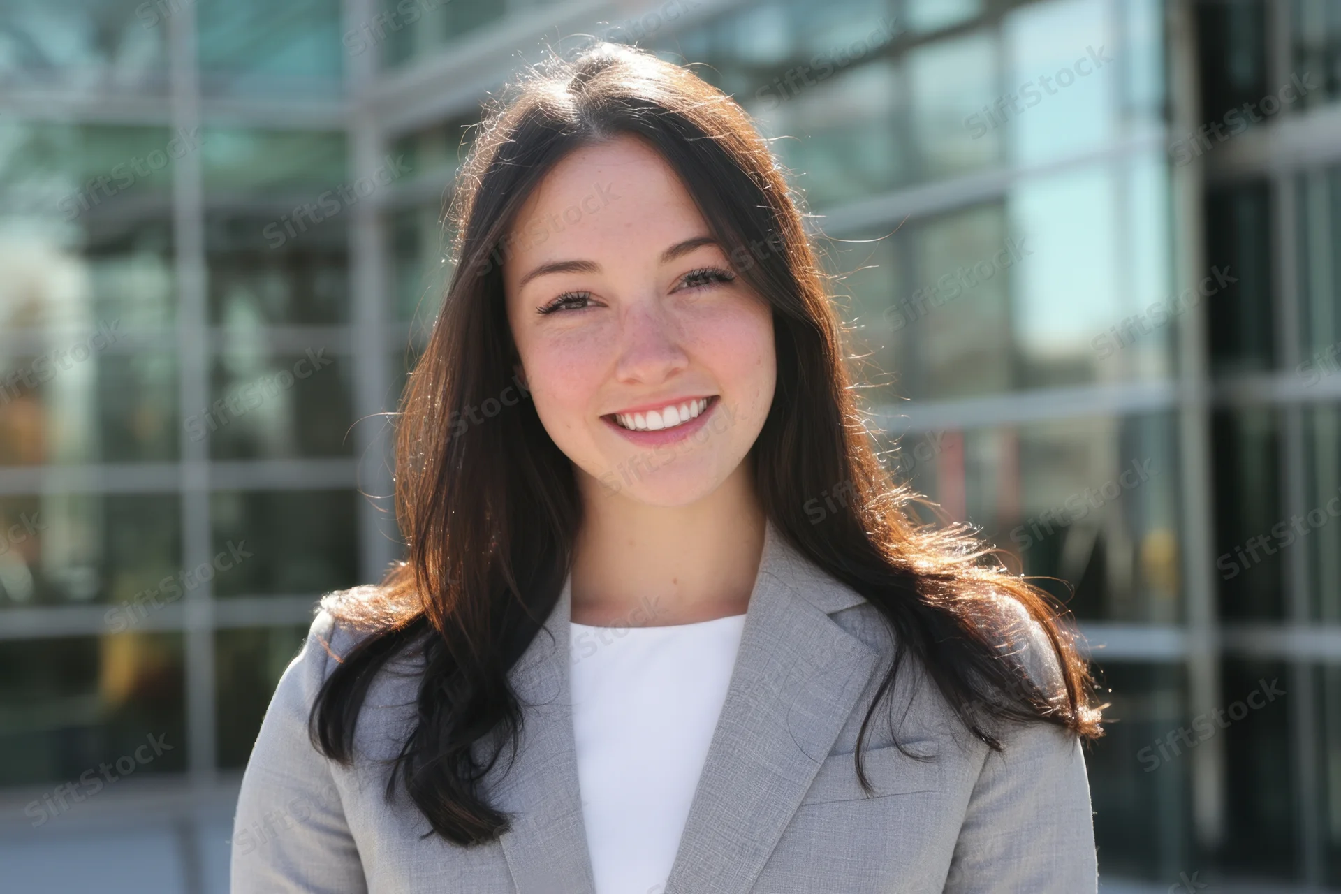 Woman in gray blazer smiling outdoors in front of modern glass building