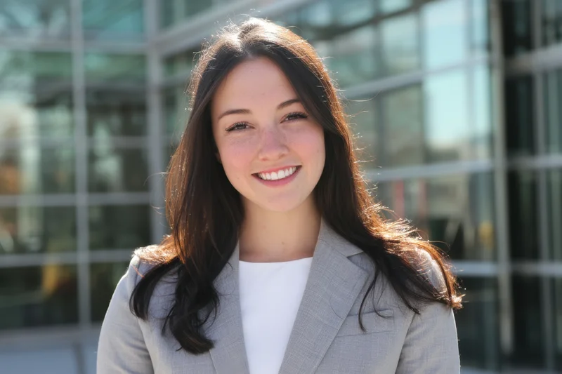 Woman in gray blazer smiling outdoors in front of modern glass building