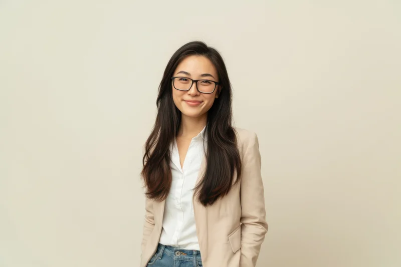 Young asian woman in business attire smiling at camera against plain background