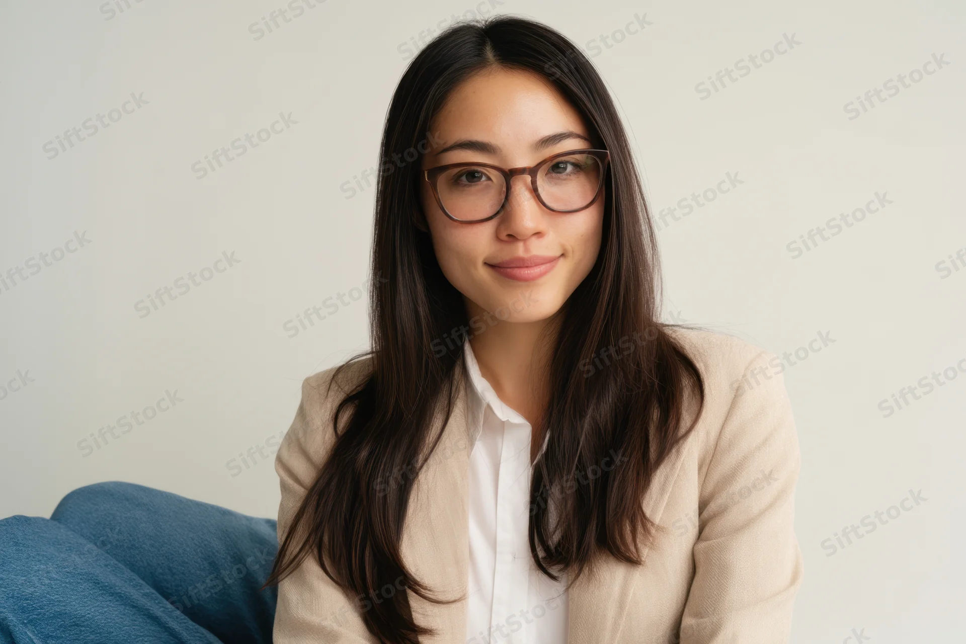 Asian woman with long dark hair and glasses sitting in studio wearing beige blazer and white shirt