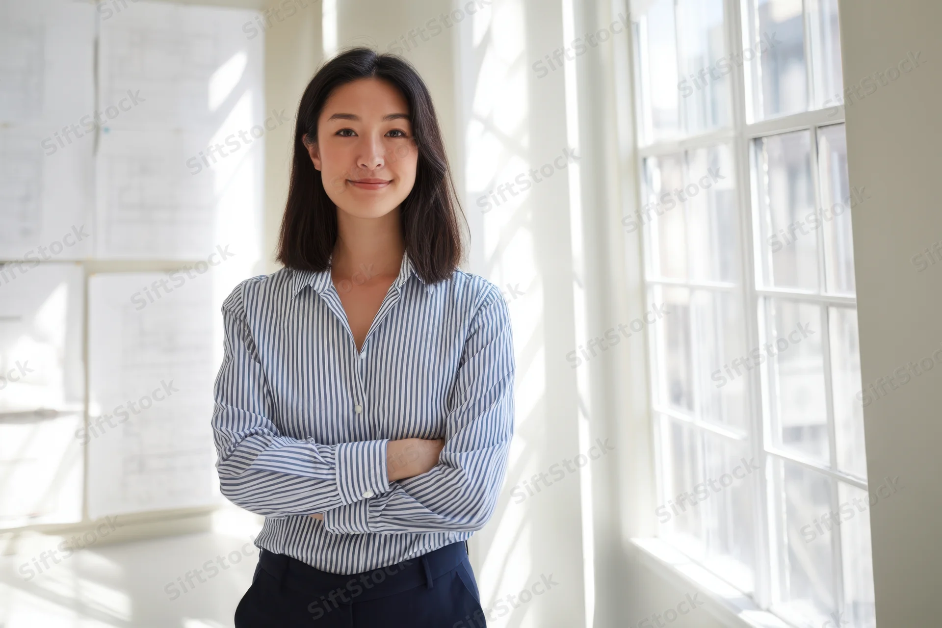 Woman with arms crossed smiling in office near window with blueprints on wall
