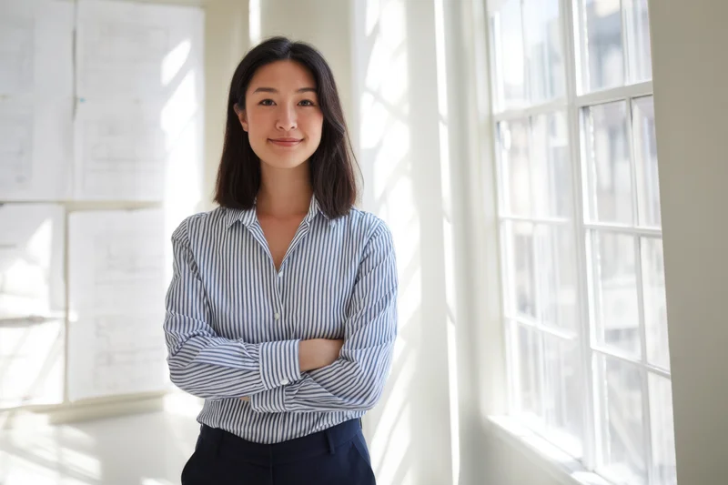 Woman with arms crossed smiling in office near window with blueprints on wall