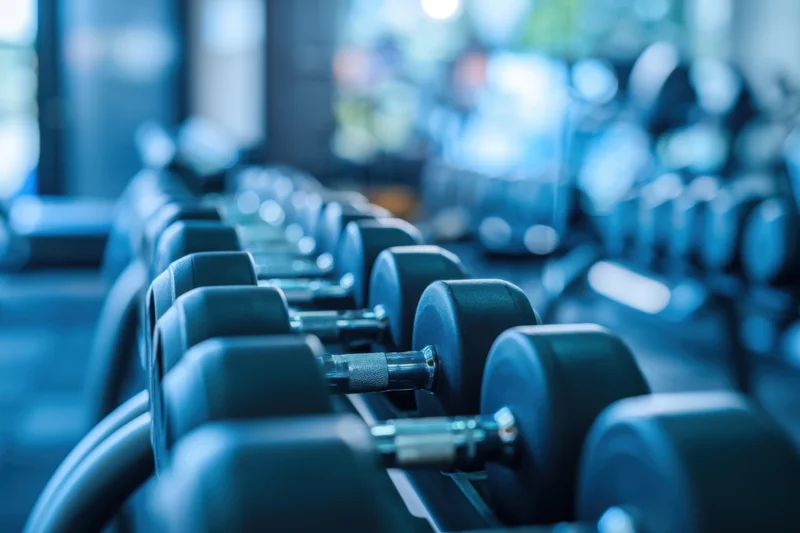 Row of dumbbells lined up on a rack in a modern gym