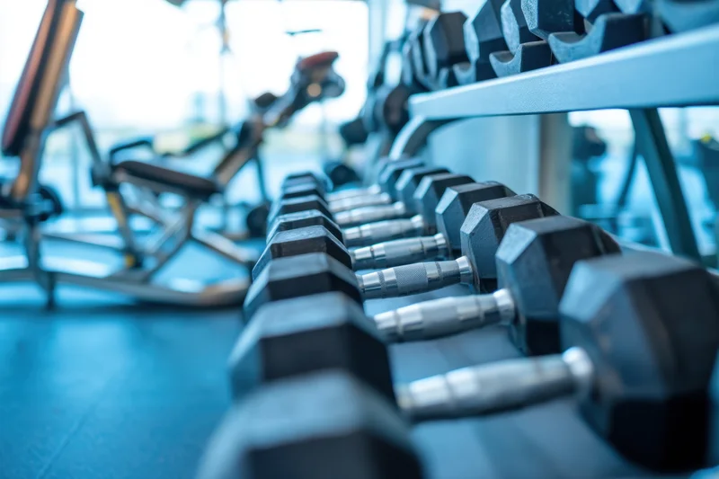 Row of dumbbells on a rack in a modern gym with exercise equipment in background