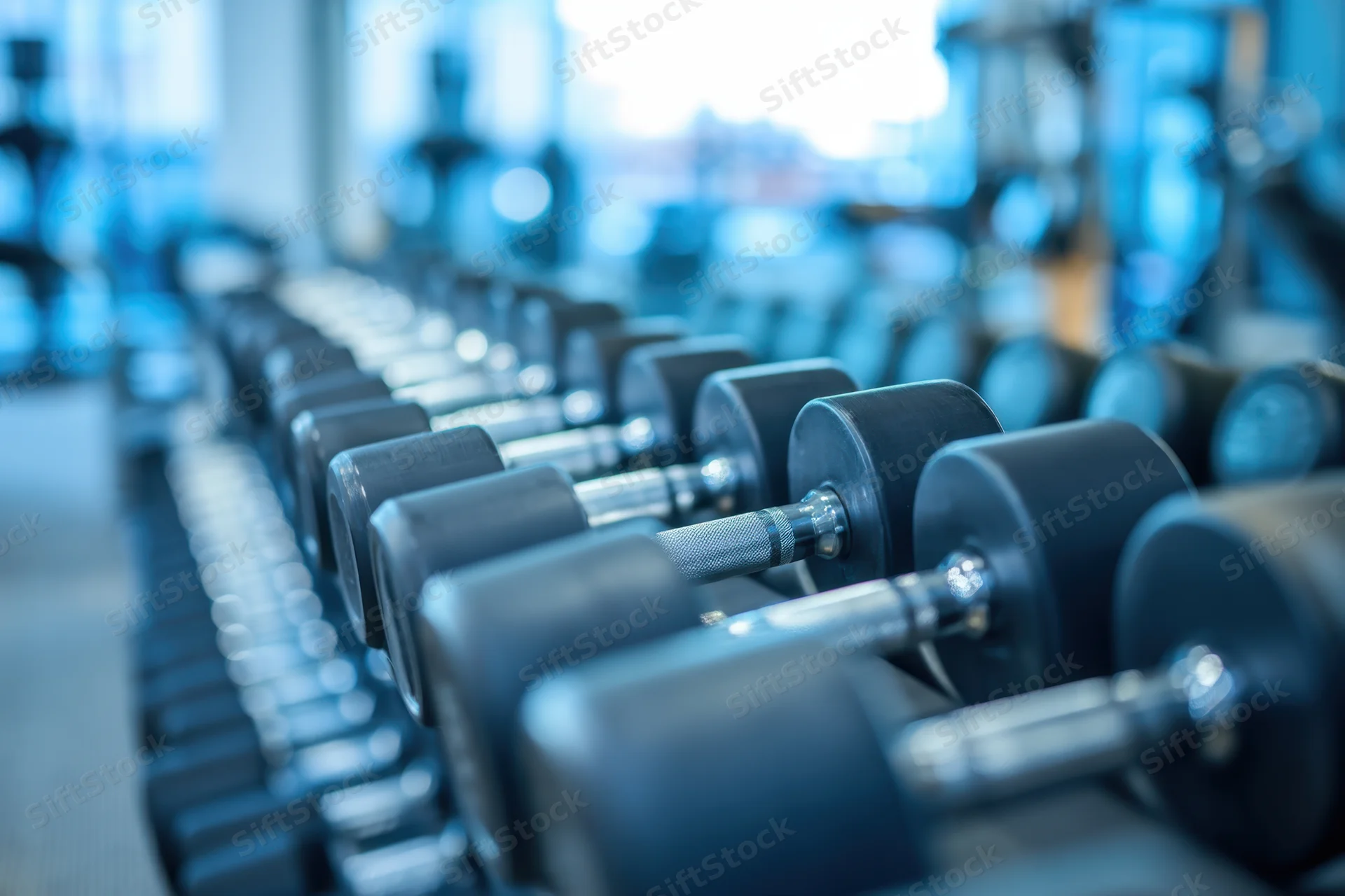 Row of dumbbells lined up on a rack in a modern gym