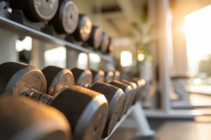 Row of dumbbells on a rack in a modern gym with warm sunlight streaming in