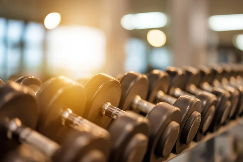 Row of dumbbells on a rack in a modern gym with warm sunlight filtering through windows