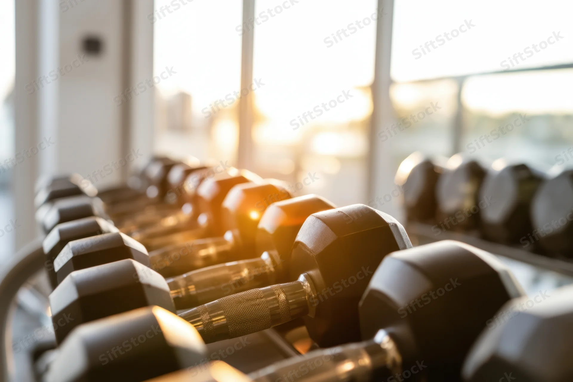 Row of dumbbells on a rack in a modern gym with warm sunlight streaming through windows