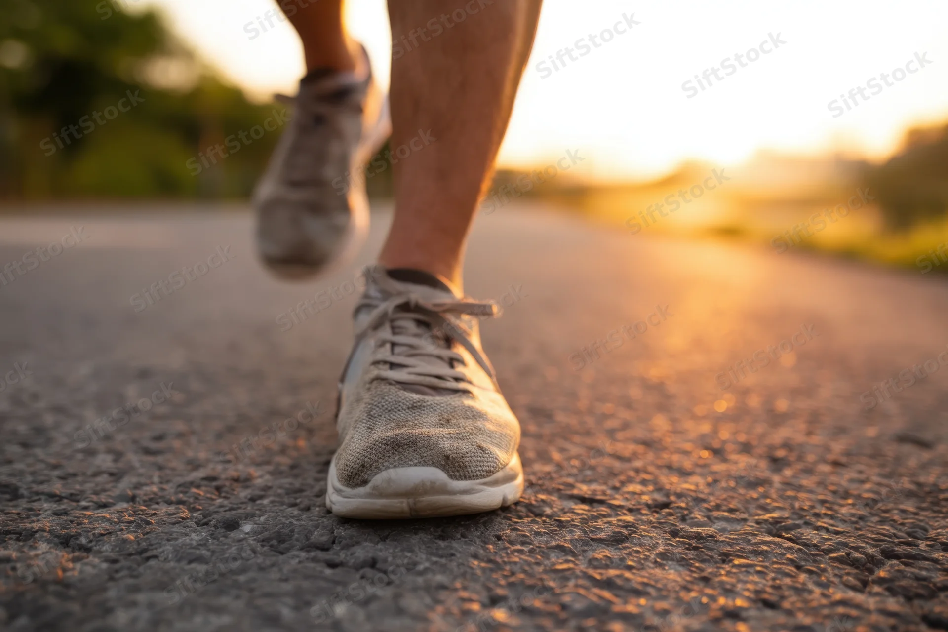 Runner's feet in motion on asphalt road at sunset