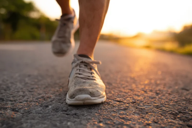 Runner's feet in motion on asphalt road at sunset
