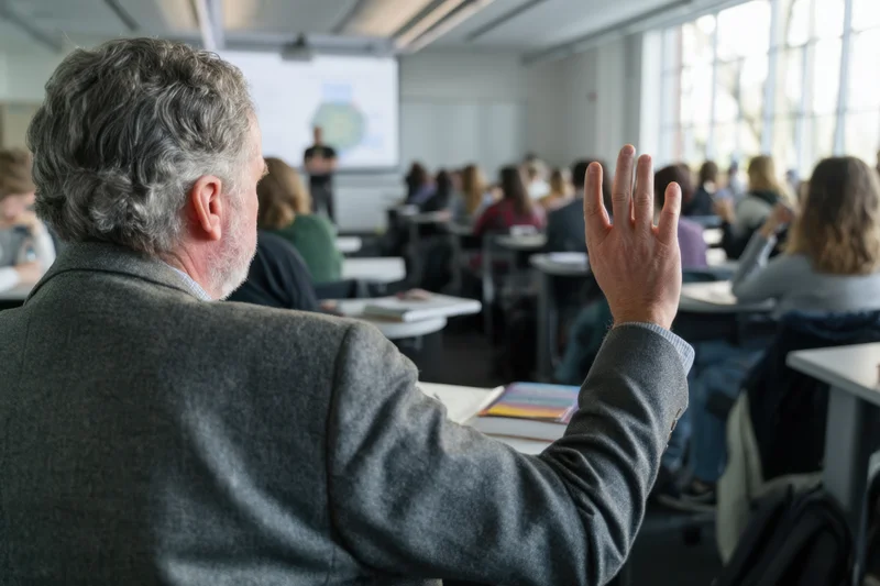Senior man raising hand in seminar classroom during presentation