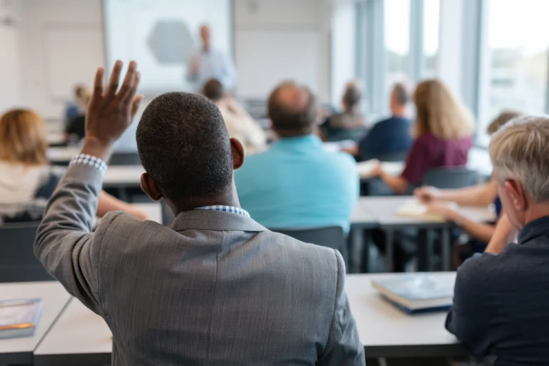 Man in suit raising hand in seminar room with audience facing speaker at front