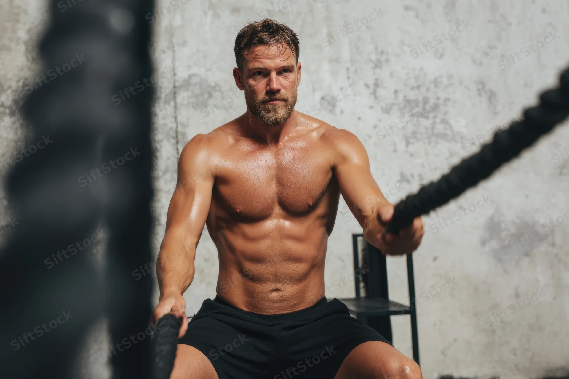 Shirtless muscular man gripping thick battle rope during intense workout in gym