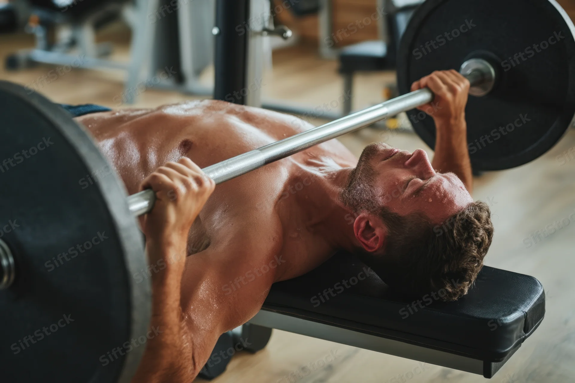 Shirtless man performing bench press with barbell in gym