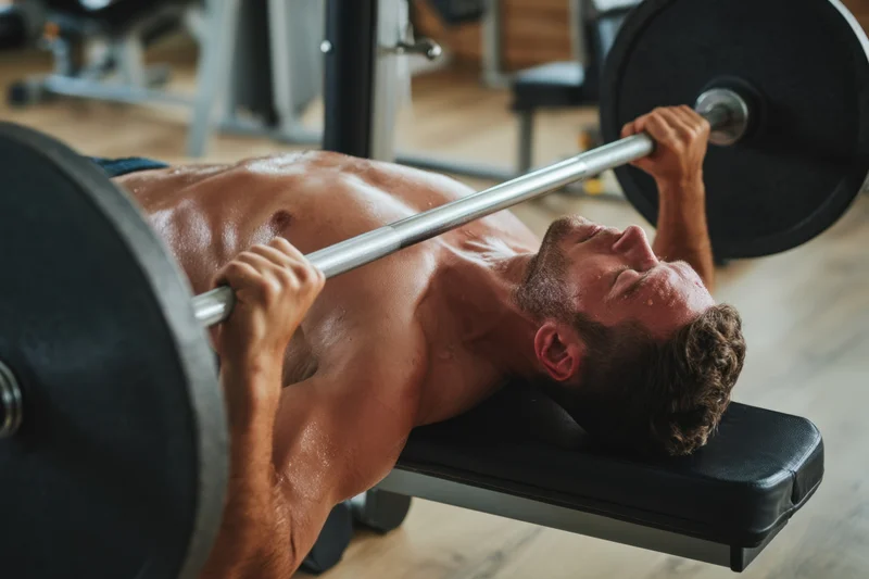 Shirtless man performing bench press with barbell in gym