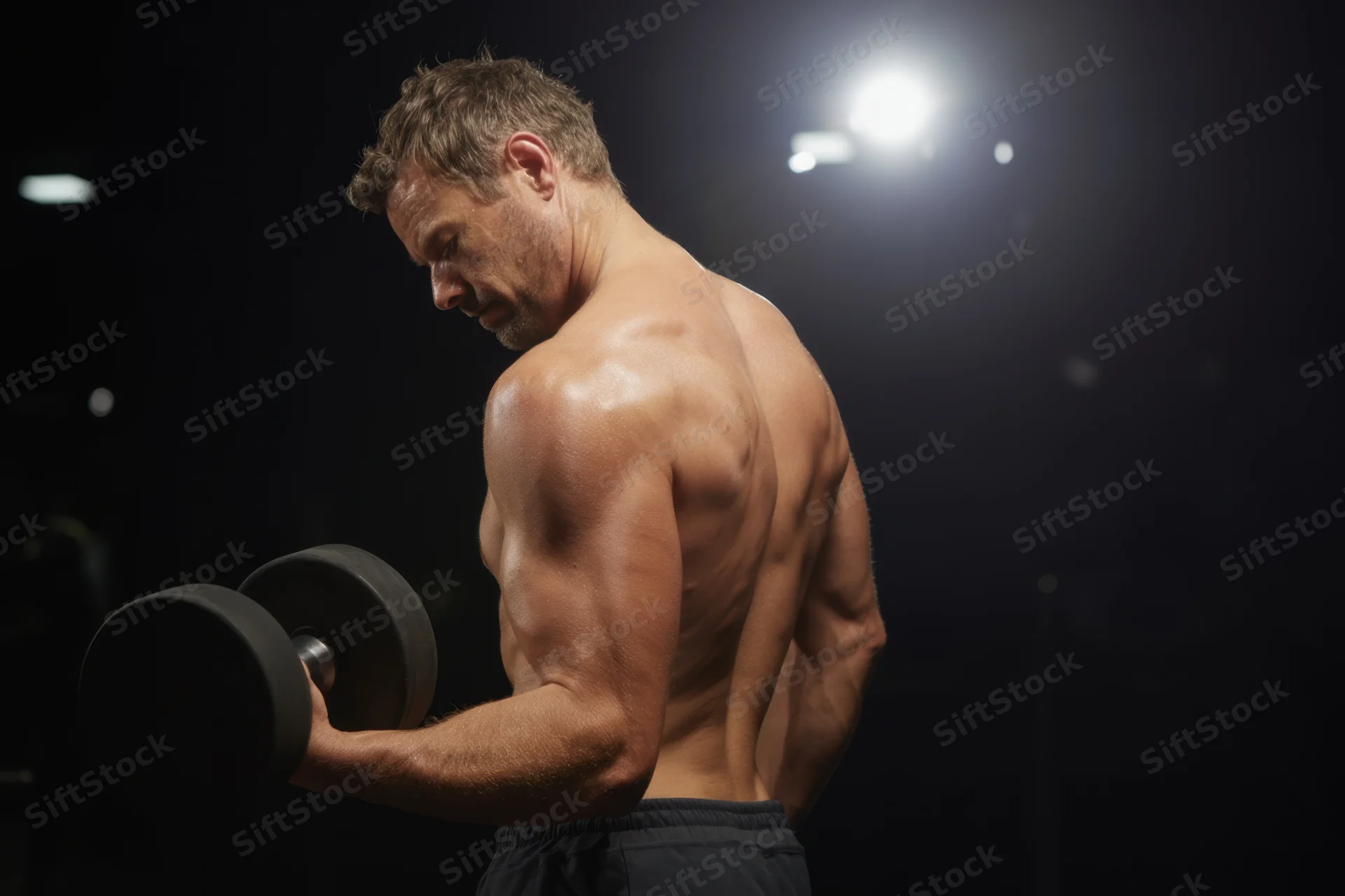 Shirtless muscular man lifting dumbbell in dim gym under spotlight