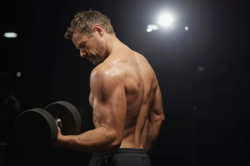 Shirtless muscular man lifting dumbbell in dim gym under spotlight