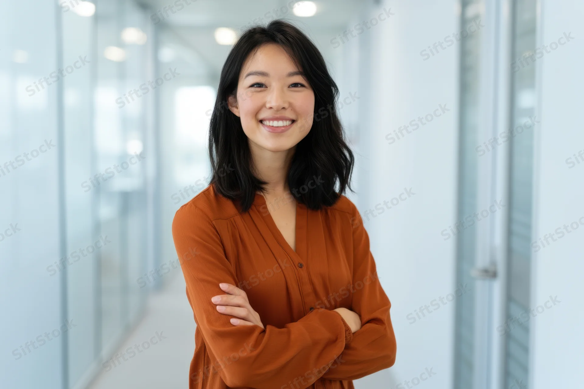 Smiling asian woman with arms crossed standing in modern office hallway
