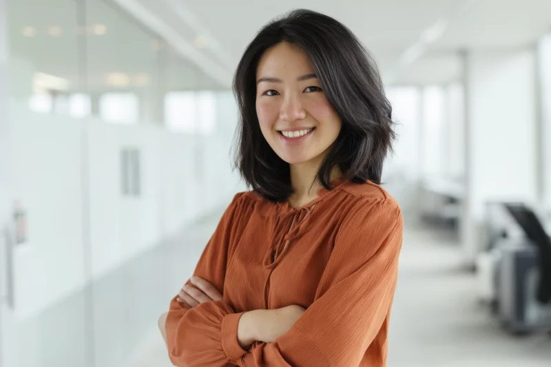Smiling asian woman with arms crossed standing in modern office hallway