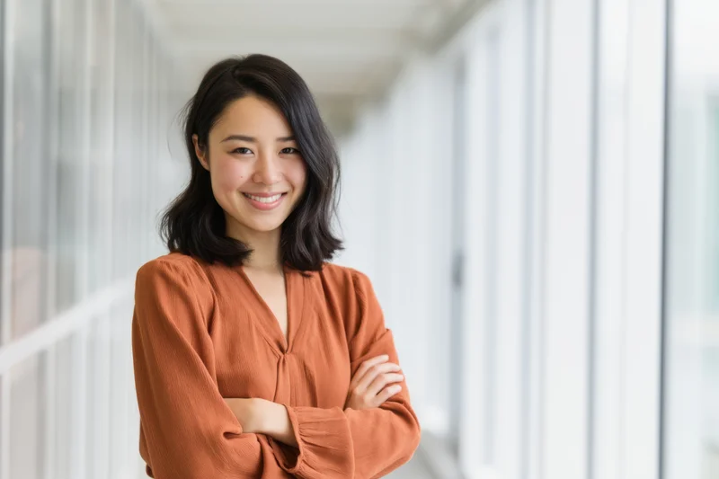 Smiling asian woman with arms crossed standing in modern office hallway