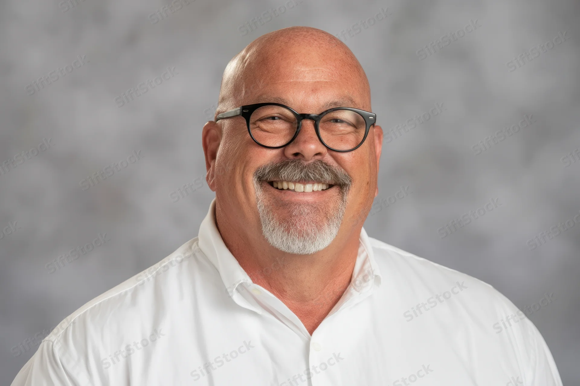 Bald man with gray goatee and black-rimmed glasses smiling in white shirt against gray background